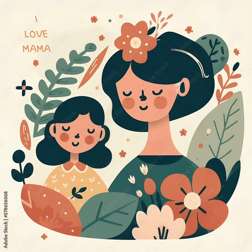 illustration for mothers day card, flat shapes, mother with daughter smiling, surround by flower , generative ai illustration for mothers day card, flat shapes, mother with daughter smiling, surround by flower , generative ai