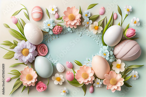 Easter background with copy space. Eggs  flowers  pastel colors illustration top view generative AI  generative  ai