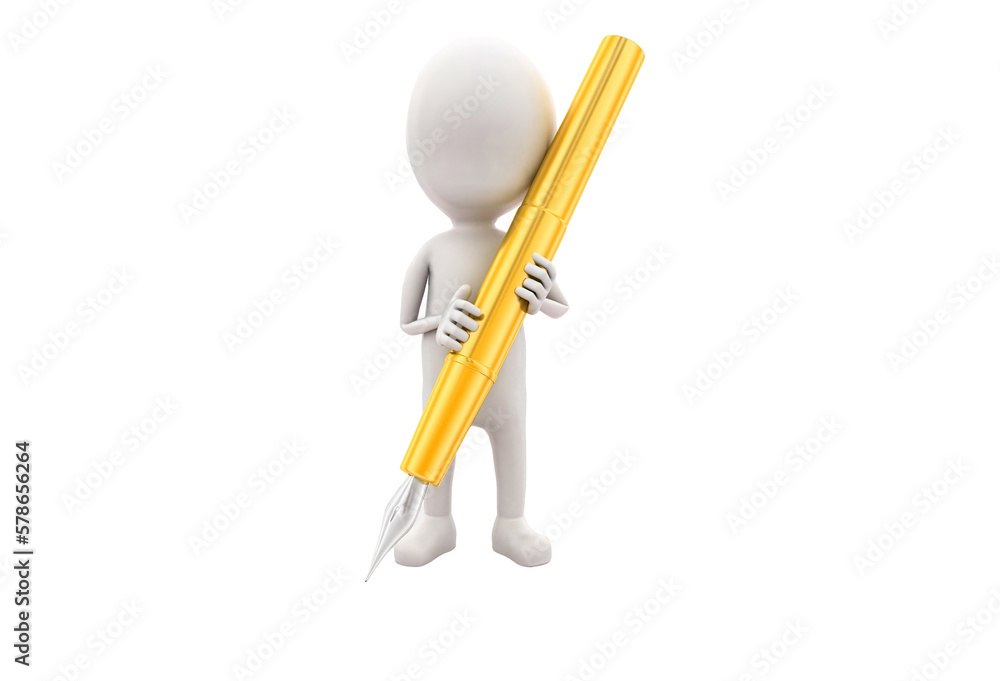 3d man holding pen in hand concept 3d man holding pen in hand concept