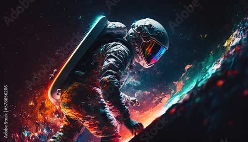 Colorful  vivid illustrations of astronaut in space surfing on surfboard waves of galaxies generate ai. 
