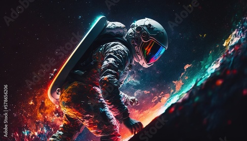 Fototapeta Naklejka Na Ścianę i Meble -  Colorful, vivid illustrations of astronaut in space surfing on surfboard waves of galaxies generate ai.	