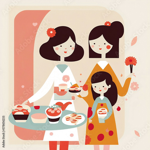 Illustrated of lesbian mothers and child, smiling, flowers and flora as background, generative ai