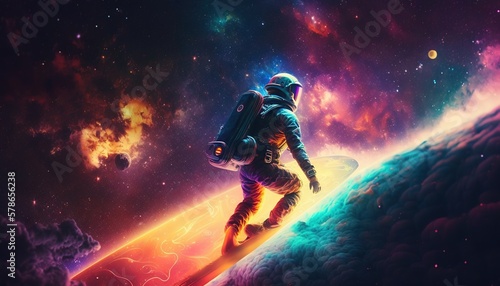 Colorful, vivid illustrations of astronaut in space surfing on surfboard waves of galaxies generate ai. 