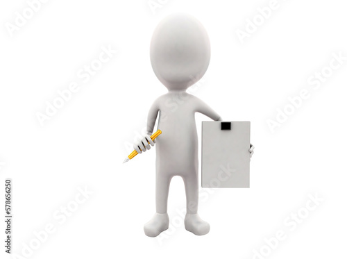 3d man holding a pen and exam clipboard in hands concept