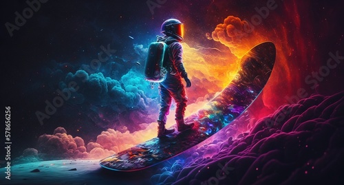 Colorful, vivid illustrations of astronaut in space surfing on surfboard waves of galaxies generate ai.  © Roman