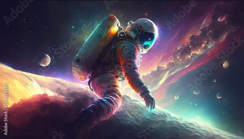 Colorful, vivid illustrations of astronaut in space surfing on surfboard waves of galaxies generate ai.  © Roman