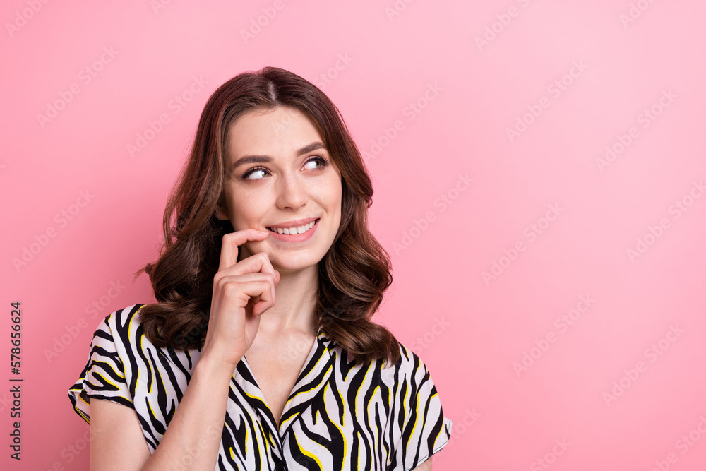 Photo of dreaming cute attractive young girl bite nail looking empty space thoughtful want new gift automobile isolated on pink color background Photo of dreaming cute attractive young girl bite nail looking empty space thoughtful want new gift automobile isolated on pink color background