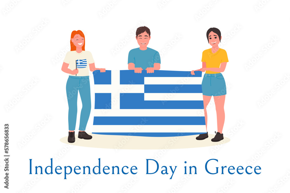 Smiling children holding a large flag of Greece, postcard for Greek independence day celebration, abstract background, vector 