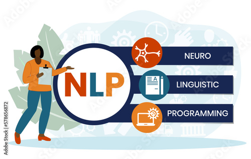 Neuro-linguistic programming NLP vector illustration concept wit icons and keywords. Vector infographic illustration for presentations, sites, reports, banners
