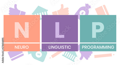 Neuro-linguistic programming NLP vector illustration concept wit icons and keywords. Vector infographic illustration for presentations, sites, reports, banners