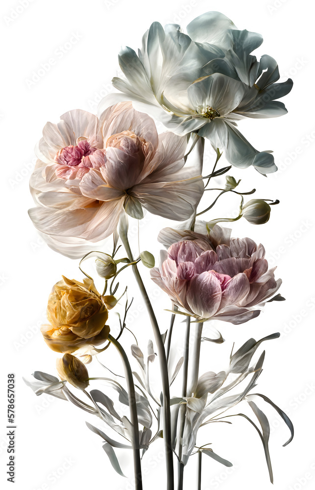 Obraz premium Colorful art photography picture of beautiful romantic vivid colors hyper realistic isolated flowers roses composition on white background