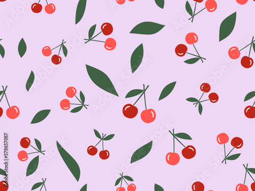 Seamless pattern with cherries, green leaves on pink background vector illustration.