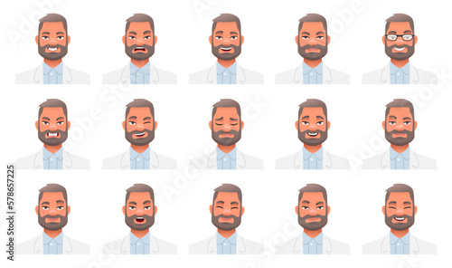 Set of different emotions of a bearded male doctor in a white coat. Facial expression of a handsome stylish man. Smile, happiness, anger, joy, fear, etc.