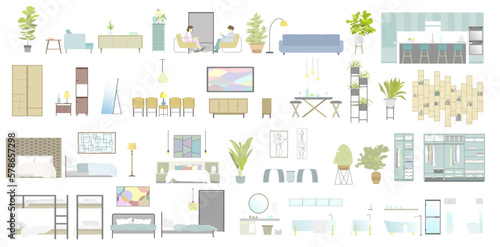 Collection of flat vector illustrations of furniture ideal for architectural design and design	

