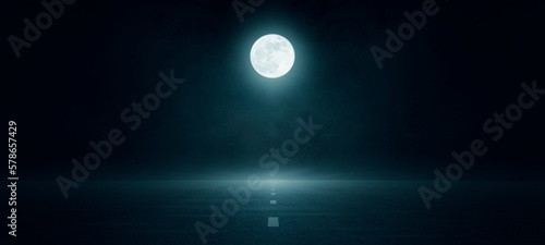 Light Reflections of the full moon  Halloween Day  Dark street  asphalt abstract dark blue background  empty dark scene  concrete floor  with smoke float up the interior texture for display products