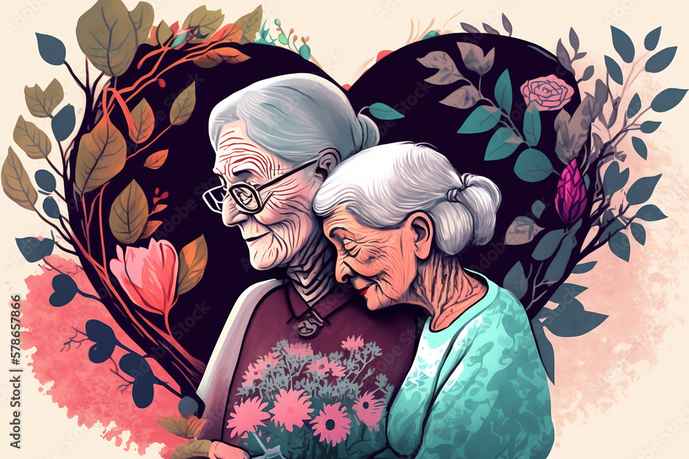 Illustrated of elderly lesbian couple, embracing each other, smiling, background is filled with vibrant spring flowers and heard shape, generative ai Illustrated of elderly lesbian couple, embracing each other, smiling, background is filled with vibrant spring flowers and heard shape, generative ai