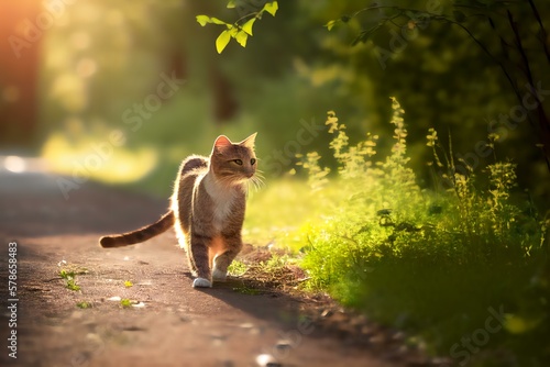 cat walking along a rural road (AI Generated)