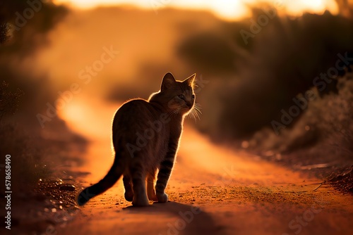 cat walking along a rural road (AI Generated) © zhOngphO