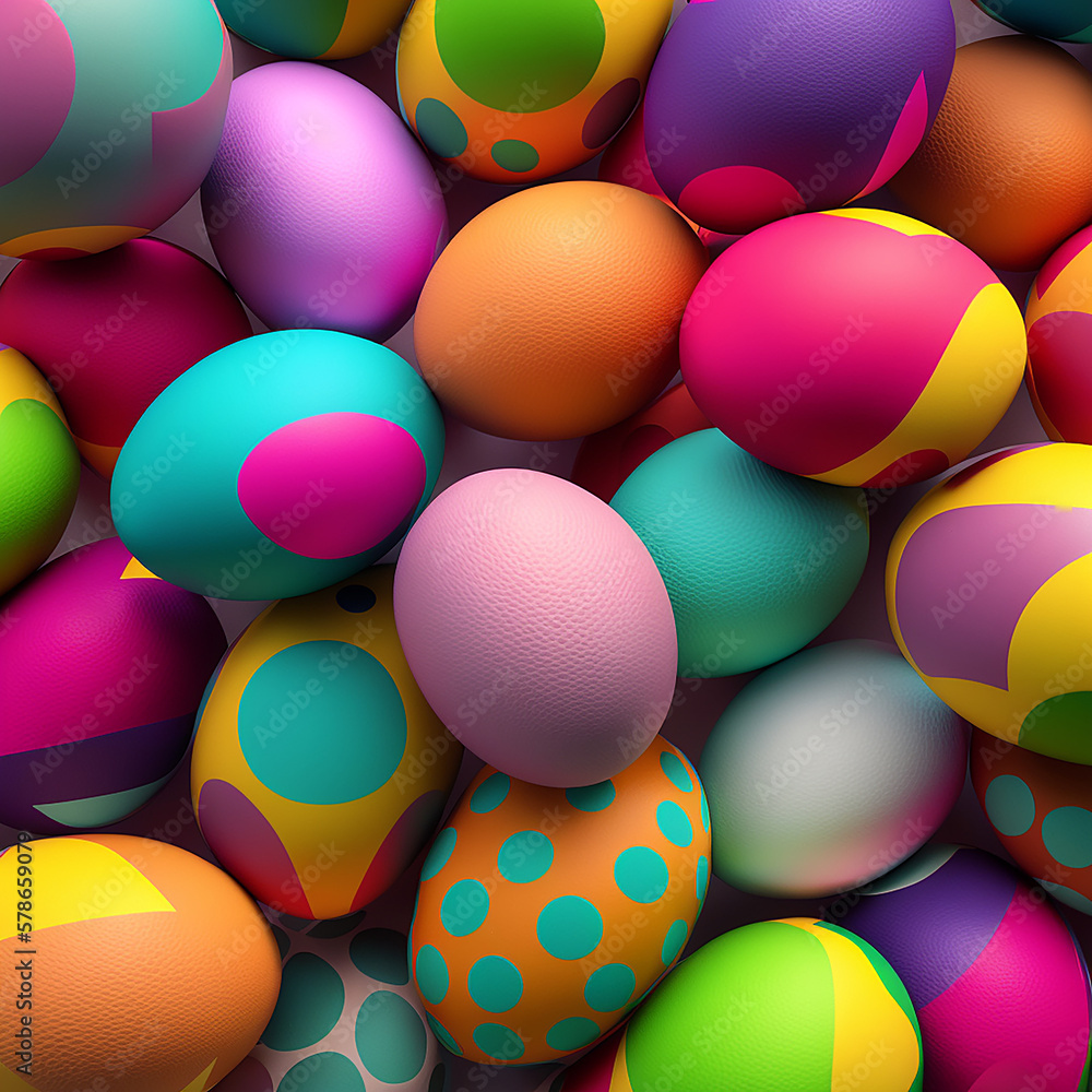 sfondo di uova colorate con colori vibranti visto dall'alto, concetto pasquale, biglietto di auguri, intelligenza artificiale - obrazy, fototapety, plakaty 
