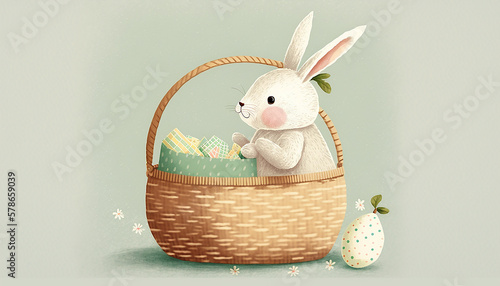 simpatico coniglietto pasquale stilizzato che si affaccia da un cestino di vimini, ricco di colorate uova di pasqua in toni pastello, biglietto augurale, intelligenza artificiale  photo