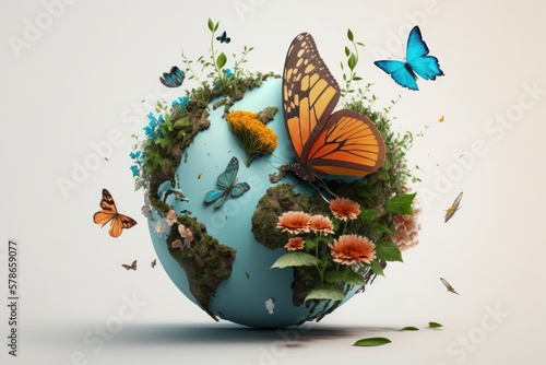 Earth day background with flowers and butterfly, World environment day concept. Generative Ai