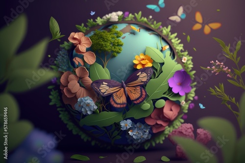 Earth day concept with flowers and butterfly paper cut style, World environment day concept. Generative Ai