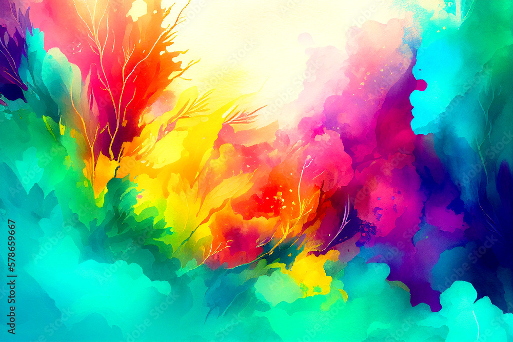Abstract vibrant painted watercolor splash texture background design. Decorative wallpaper with ink brush art