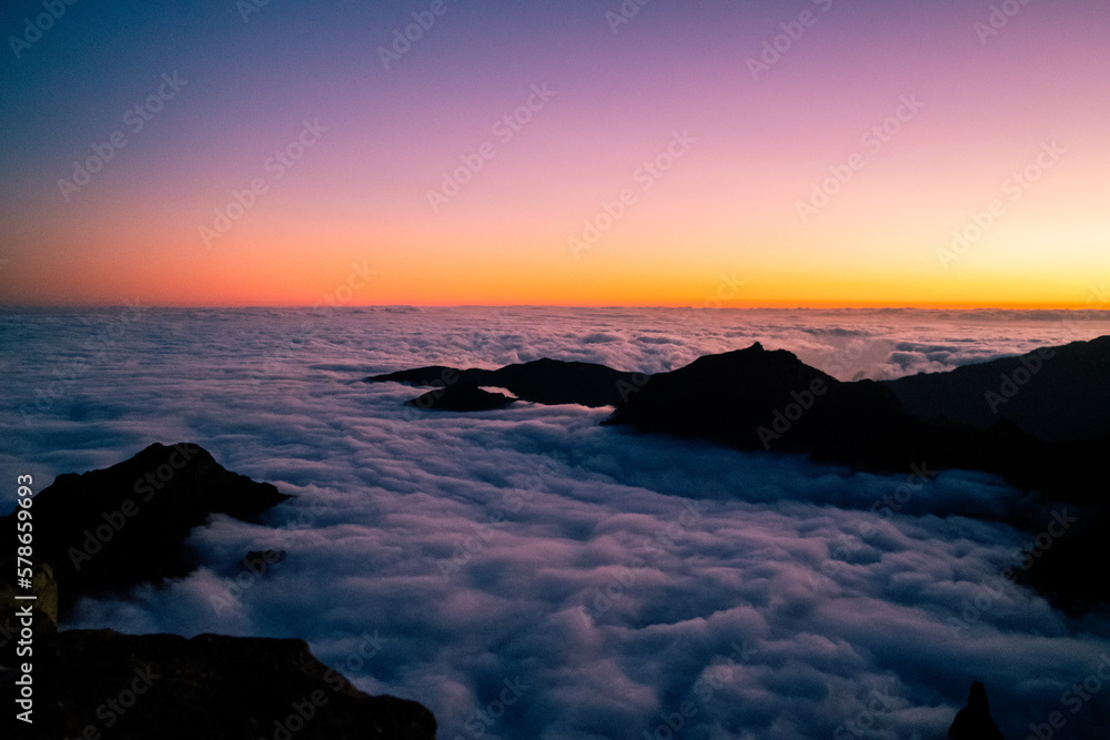Beautiful sunset above the clouds on Pico Ruivo in Madeira
