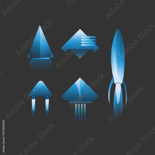 Vector image, a set of icons and symbols, aircraft and spaceships are gradient on a black background