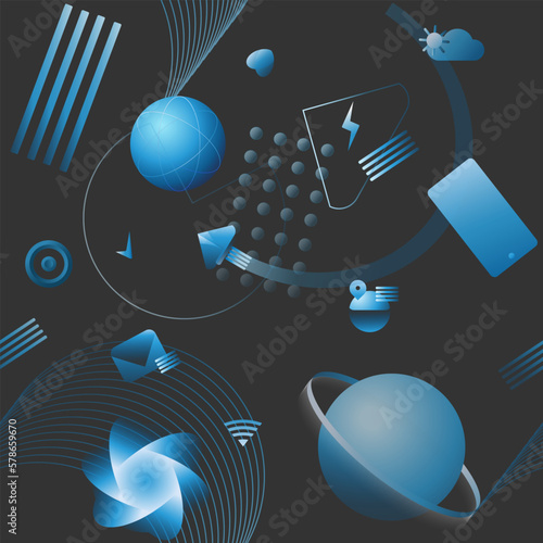 
Vector seamless pattern, background with icons, icons and symbols, modern gradient on a black background