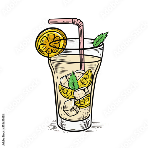 Citrus lemonade with lemon slice and mint. Hand drawn sketch style.