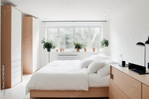 Modern stylish Scandinavian living space design in a minimalist interior. Soft light colors. Generative AI.