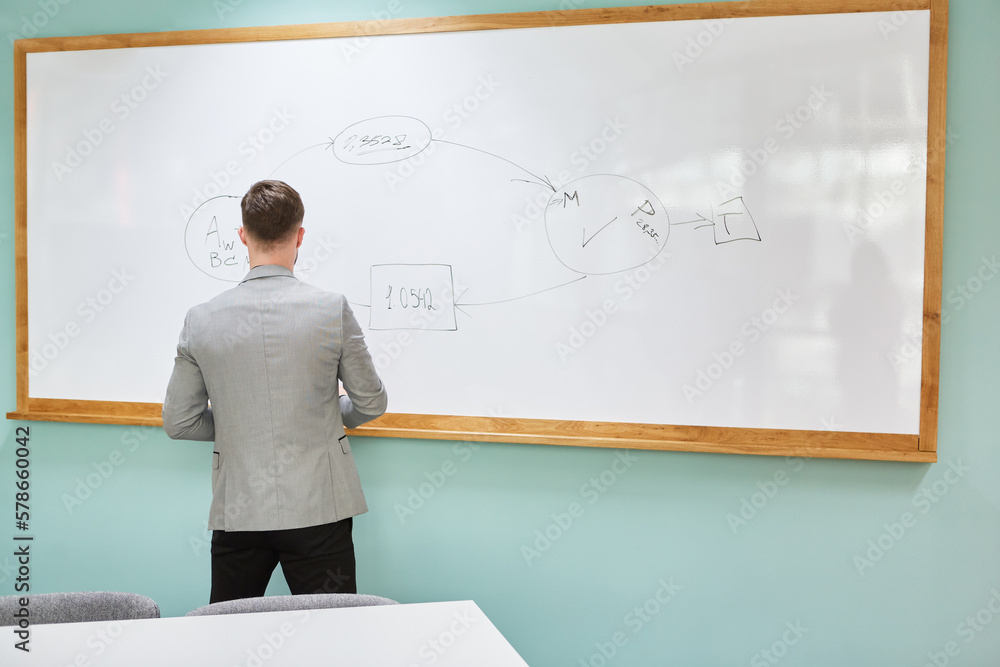 Young scientist as a lecturer at the whiteboard Young scientist as a lecturer at the whiteboard