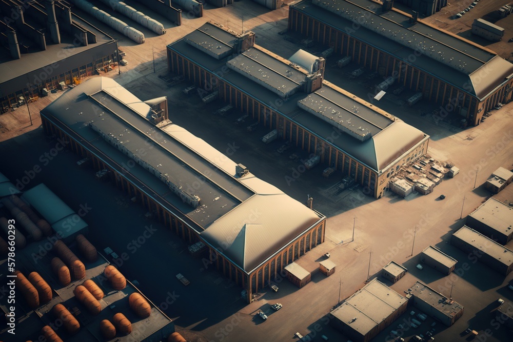 A sprawling industrial complex with rows of warehouses and loading docks, concept of Logistics Hub and Distribution Center, created with Generative AI technology