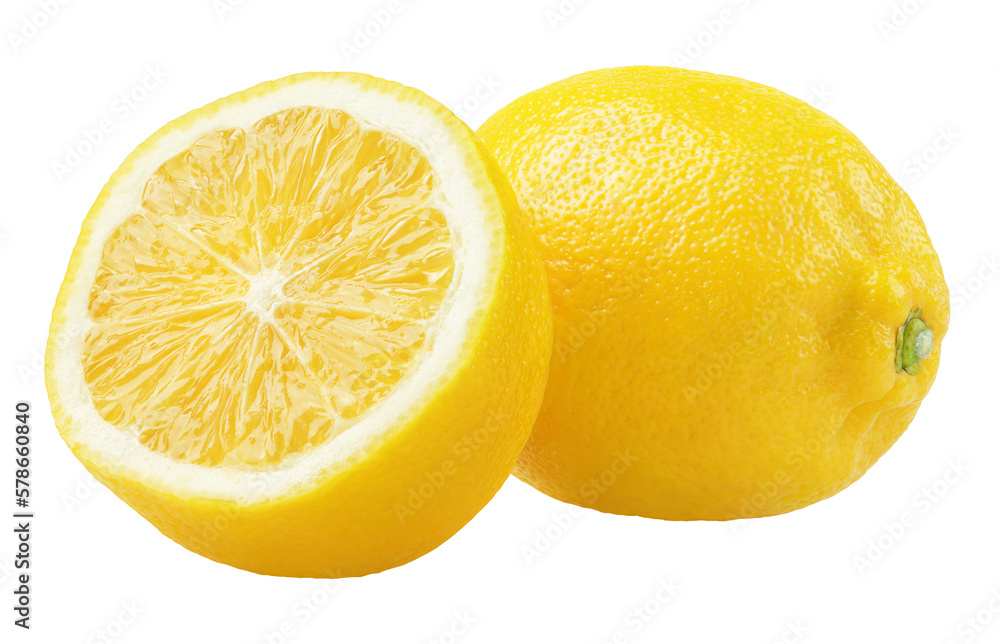 Yellow lemon citrus fruit with half isolated on transparent background. Full depth of field.