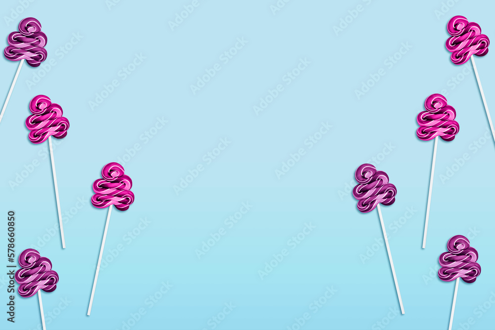 Design template with lollipops on sticks. Sweet delicious candy on light blue background