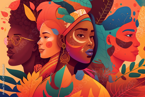Portraits of different women in a modern trendy style. The concept of racial equality, cultural diversity and equal rights. Illustration in orange, terracotta, blue, neutral colors. Generative AI.