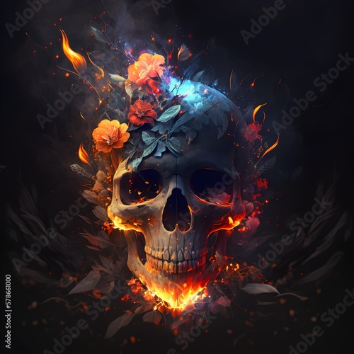 skull fire flowers darkness