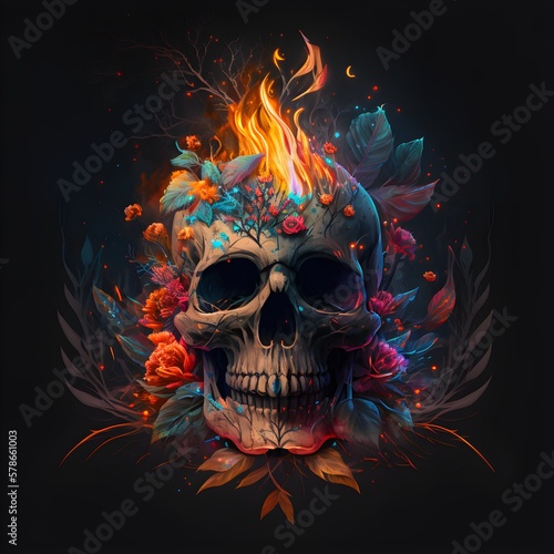 skull fire flowers darkness