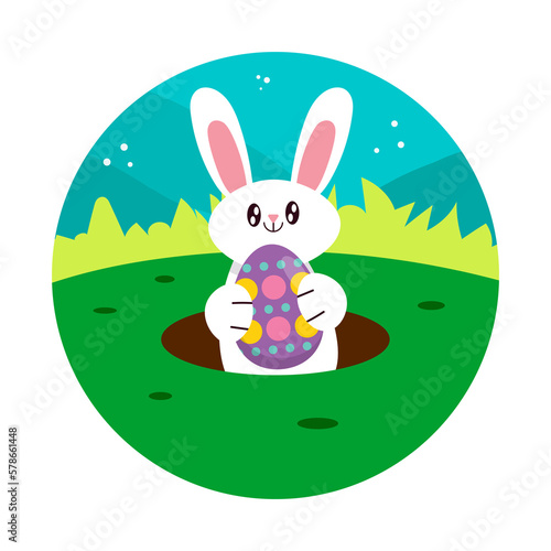 Fototapeta Naklejka Na Ścianę i Meble -  Happy Easter. Colorful patterned easter egg and easter bunny on a white background. Spring holiday.