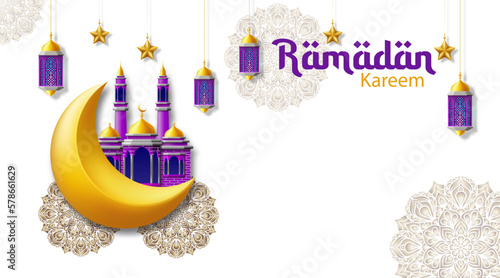 Ramadan kareem. Crescent moon ornament, mosque, lantern and floral mandala isolated on white background. Ramadan Kareem greeting card. Islamic celebration background. vector illustration