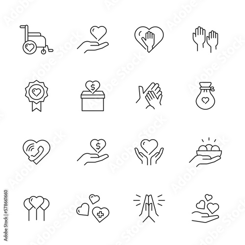 Charity Vector Icons Pack - Donate, Volunteer, Giving, and More. Trendy and timeless thin line vector line icons with editable strokes.