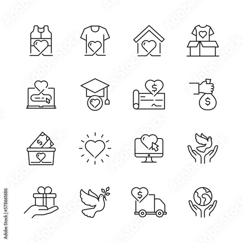 Charity Vector Icons Pack - Donate, Volunteer, Giving, and More. Trendy and timeless thin line vector line icons with editable strokes.