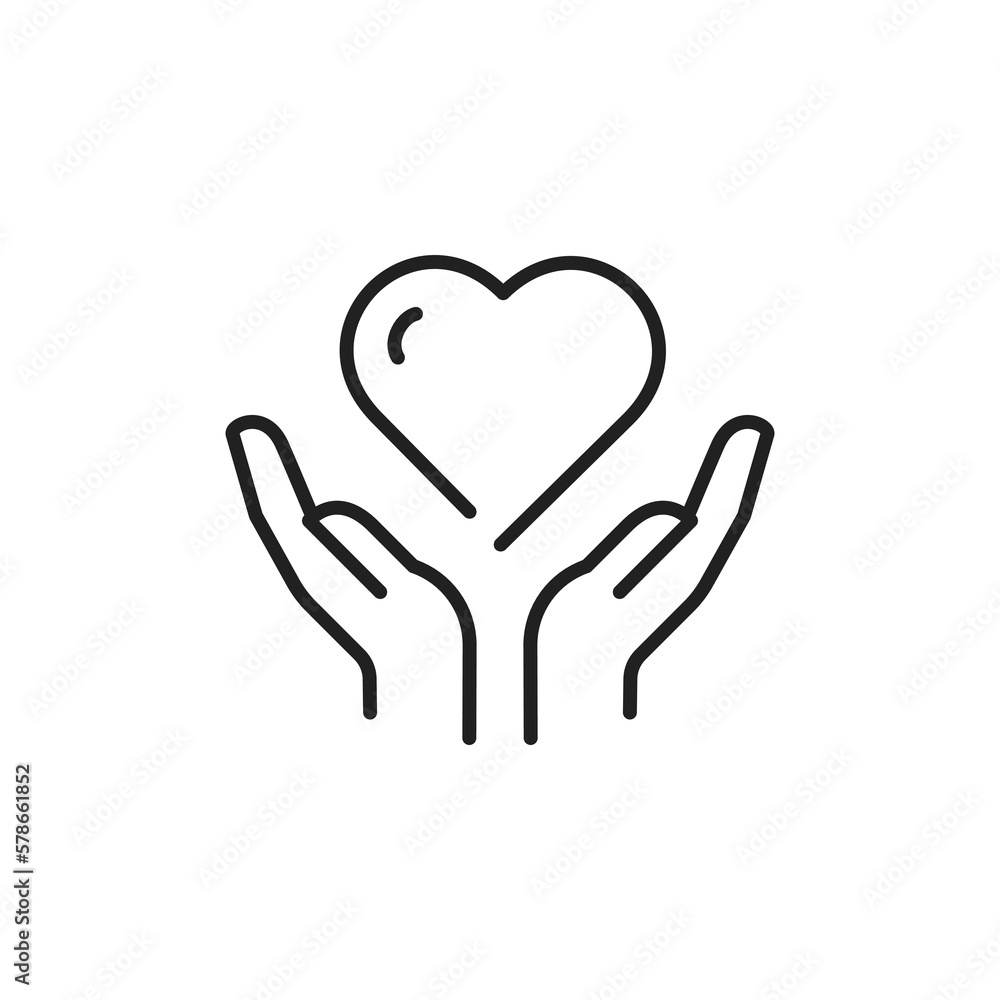 Charity vector icon, Helping hands, hands and heart icon, hand holding heart, vector line icon. Charity vector icon, Helping hands, hands and heart icon, hand holding heart, vector line icon.