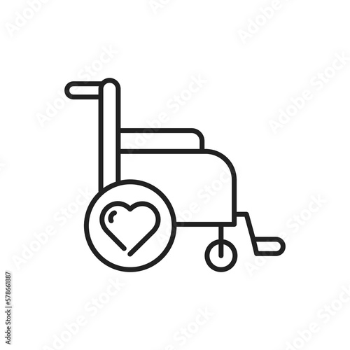 Wheelchair, Symbol, Icon, Donation, Chair, Wheels, Handicap, Disabled, Accessible, Aid, Assistance, Equipment, Help, Support, Charity, wheel chair vector line icon.