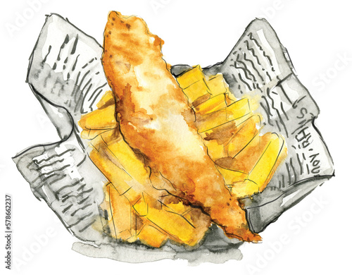 Photography An illustration of a traditional fish and chips takeaway meal wrapped in newspap