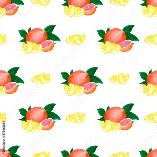 Fototapeta Naklejka Na Ścianę i Meble -  Hand drawn watercolor grapefruit orange and lemon with green leaves seamless pattern on white background. Scrapbook, post card, textile, fabric.