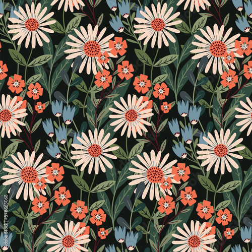 Seamless floral pattern, retro style flower print with wild garden. Botanical design with hand drawn plants: large chamomiles, small flowers, leaves, branches on a dark background. Vector illustration