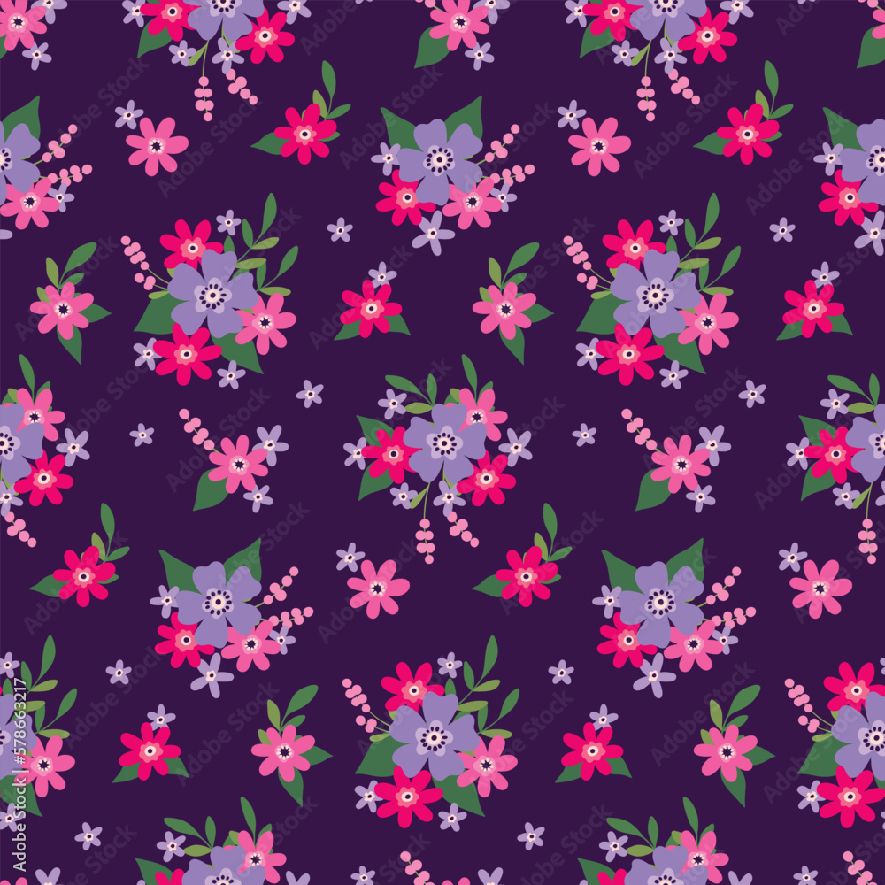 Seamless floral pattern, cute ditsy print with small hand drawn flora. Pretty botanical design with tiny flowers, leaves in bouquets on purple background. Girly flower surface. Vector illustration. Seamless floral pattern, cute ditsy print with small hand drawn flora. Pretty botanical design with tiny flowers, leaves in bouquets on purple background. Girly flower surface. Vector illustration.
