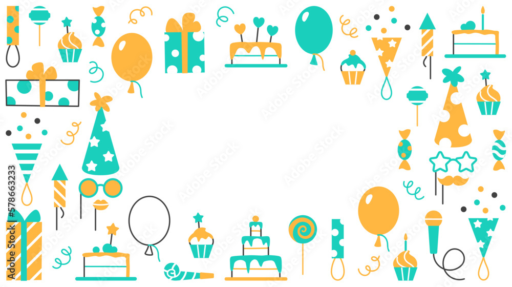 Event service background with text space. Horizontal Birthday party carnival festival celebration banner with fun color flat line abstract elements cake balloons hat muffin candy vector illustration. Event service background with text space. Horizontal Birthday party carnival festival celebration banner with fun color flat line abstract elements cake balloons hat muffin candy vector illustration.